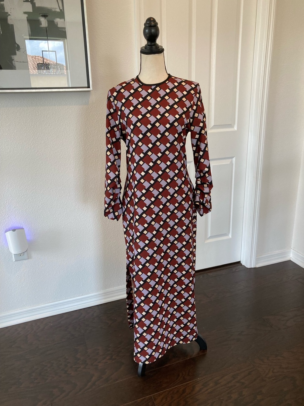 Zara Burgundy Geometric Print Long Sleeve Maxi Dress